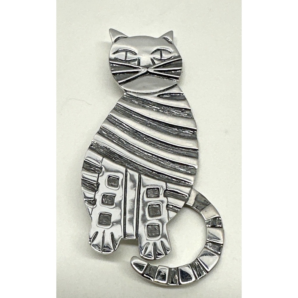 Vintage Sterling Silver 925 Cat Brooch Pin Tabby Feline Striped Large 2.75" 22g
